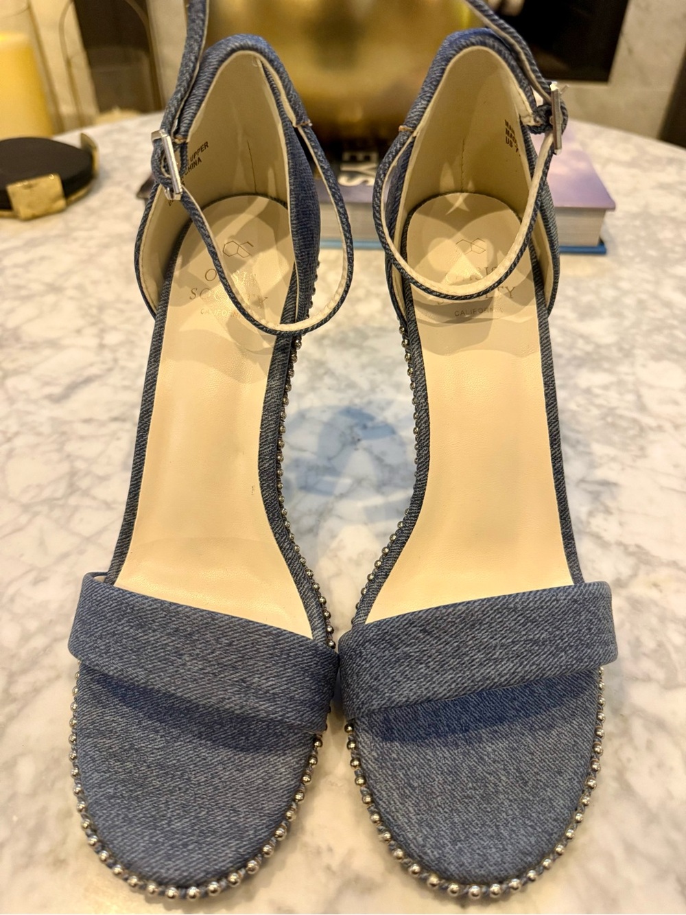 Oasis Society Denim Studded Ankle-Strap Sandals